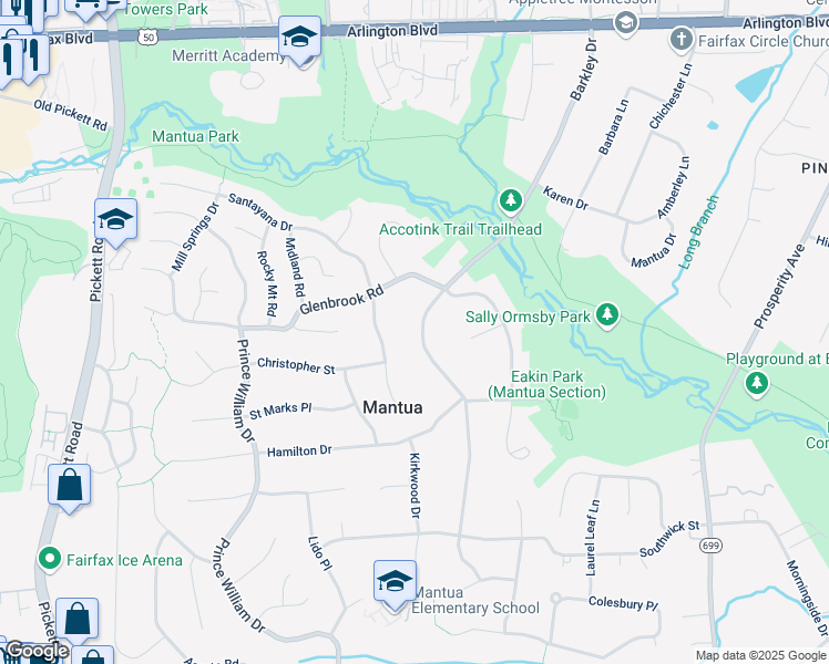 map of restaurants, bars, coffee shops, grocery stores, and more near 3400 Barkley Drive in Fairfax