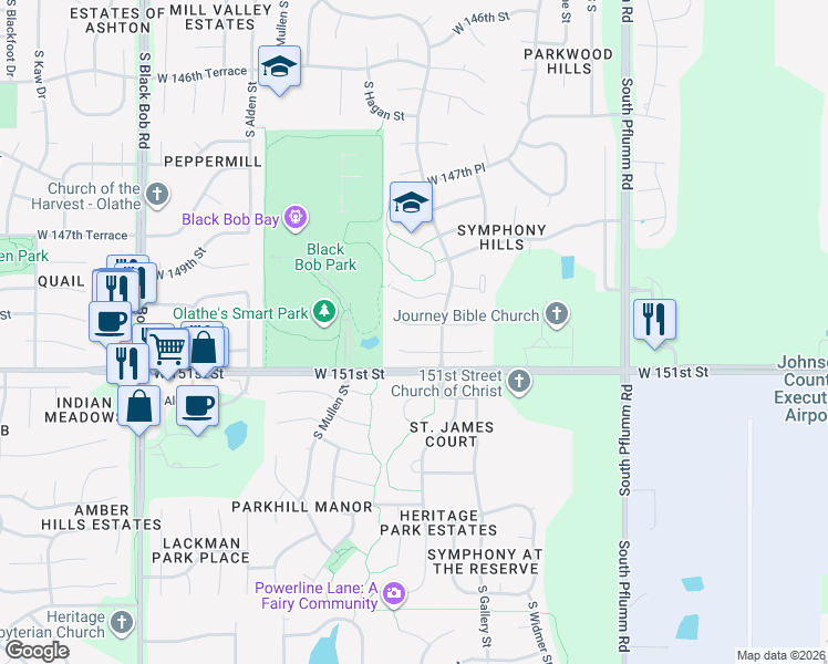 map of restaurants, bars, coffee shops, grocery stores, and more near 14173 West 150th Court in Olathe