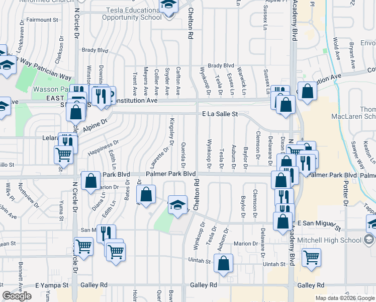 map of restaurants, bars, coffee shops, grocery stores, and more near 1606 North Chelton Road in Colorado Springs