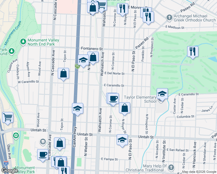 map of restaurants, bars, coffee shops, grocery stores, and more near 427 East Caramillo Street in Colorado Springs
