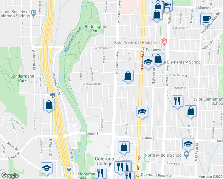 map of restaurants, bars, coffee shops, grocery stores, and more near 1524 North Cascade Avenue in Colorado Springs