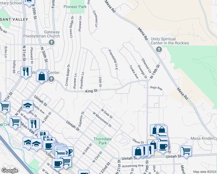 map of restaurants, bars, coffee shops, grocery stores, and more near 2430 King Street in Colorado Springs