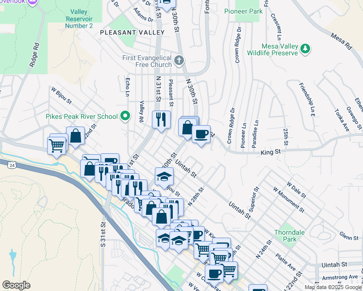 map of restaurants, bars, coffee shops, grocery stores, and more near 3007 West Saint Vrain Street in Colorado Springs