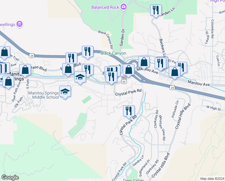 map of restaurants, bars, coffee shops, grocery stores, and more near 11 Oak Place in Manitou Springs
