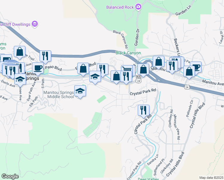 map of restaurants, bars, coffee shops, grocery stores, and more near 326 Santa Fe Place in Manitou Springs