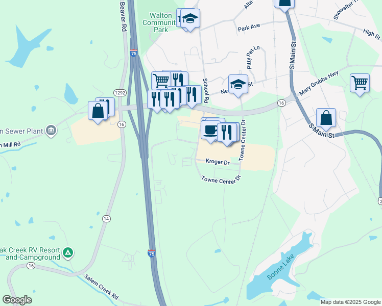 map of restaurants, bars, coffee shops, grocery stores, and more near 13000 Towne Center Drive in Walton