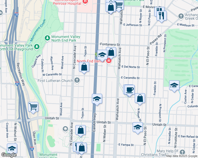 map of restaurants, bars, coffee shops, grocery stores, and more near 1527 North Nevada Avenue in Colorado Springs
