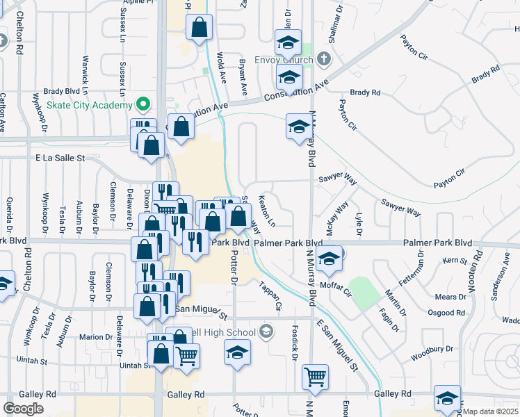 map of restaurants, bars, coffee shops, grocery stores, and more near 1630 Keaton Ln in Colorado Springs