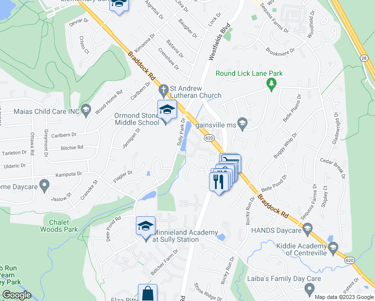 map of restaurants, bars, coffee shops, grocery stores, and more near 5564 Sully Lake Drive in Centreville