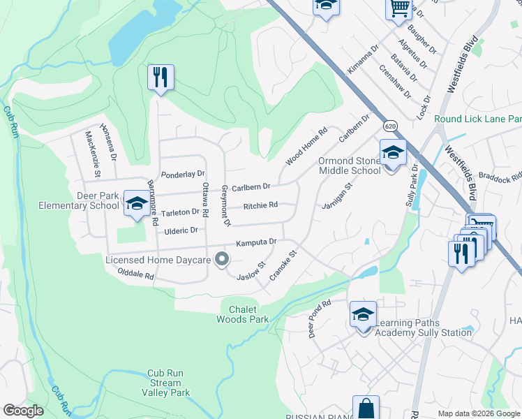 map of restaurants, bars, coffee shops, grocery stores, and more near 14913 Ritchie Road in Centreville