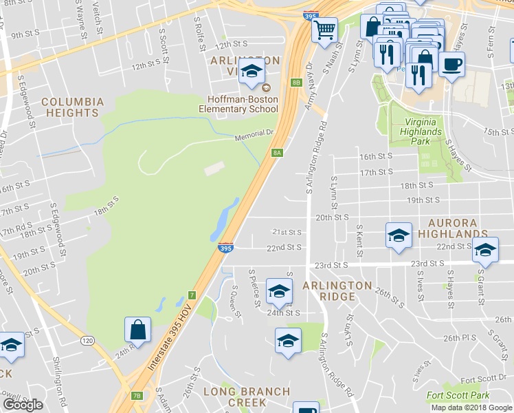 map of restaurants, bars, coffee shops, grocery stores, and more near 1901 Army Navy Drive in Arlington