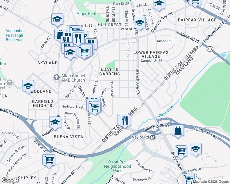 map of restaurants, bars, coffee shops, grocery stores, and more near 2712 31st Street Southeast in Washington