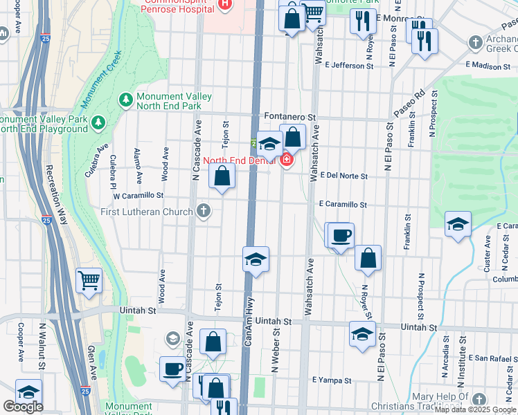 map of restaurants, bars, coffee shops, grocery stores, and more near 1527 North Nevada Avenue in Colorado Springs