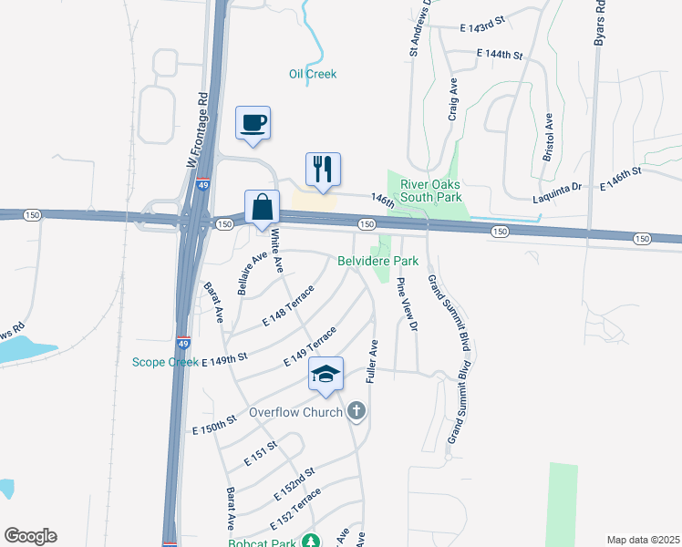 map of restaurants, bars, coffee shops, grocery stores, and more near 6404 East 149th Street in Grandview