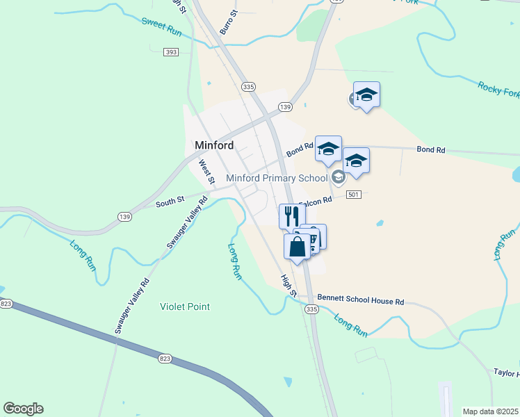 map of restaurants, bars, coffee shops, grocery stores, and more near 338 High Street in Minford