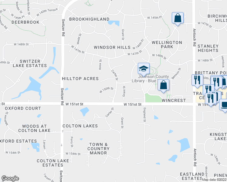 map of restaurants, bars, coffee shops, grocery stores, and more near 9601 West 150th Street in Overland Park