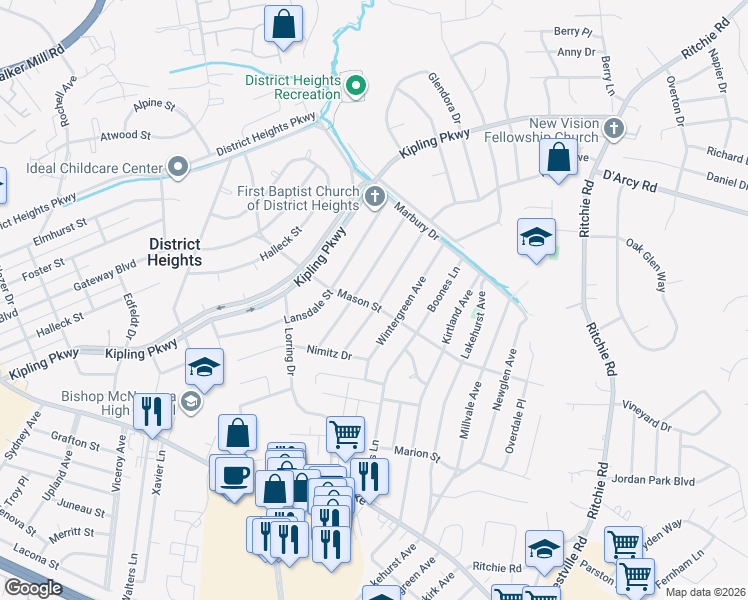 map of restaurants, bars, coffee shops, grocery stores, and more near 7222 Mason Street in District Heights