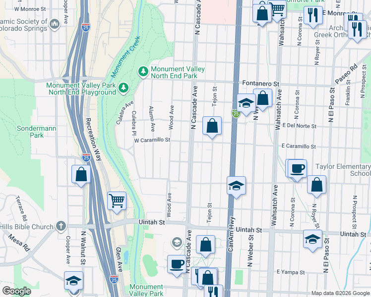 map of restaurants, bars, coffee shops, grocery stores, and more near 1524 North Cascade Avenue in Colorado Springs