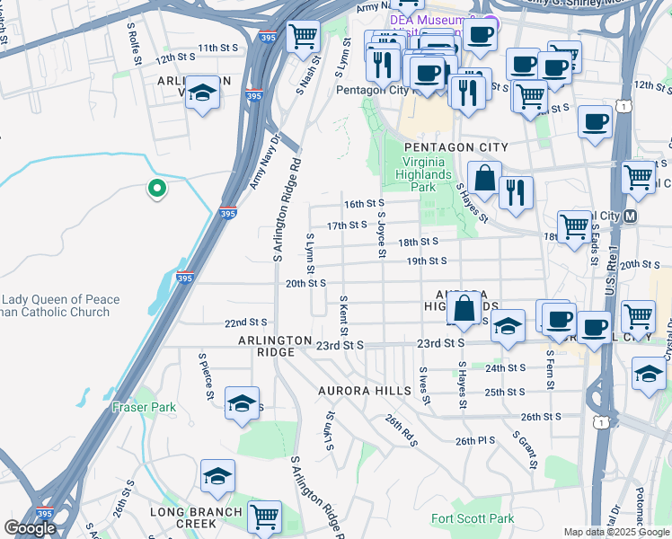 map of restaurants, bars, coffee shops, grocery stores, and more near 1104 19th Street South in Arlington