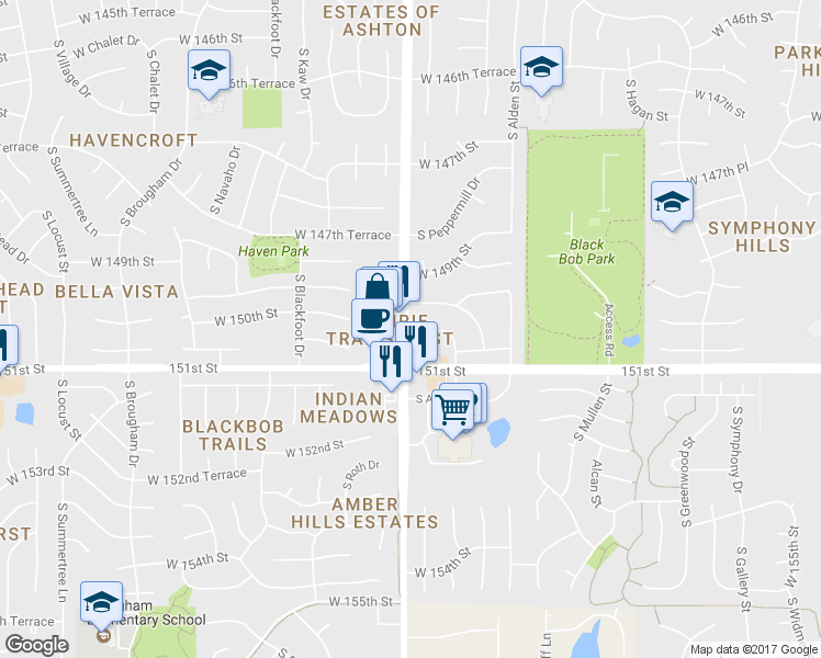 map of restaurants, bars, coffee shops, grocery stores, and more near 15029 W 150th Terrace in Olathe