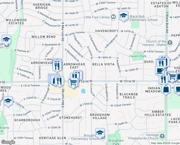 map of restaurants, bars, coffee shops, grocery stores, and more near 15004 S Locust St in Olathe