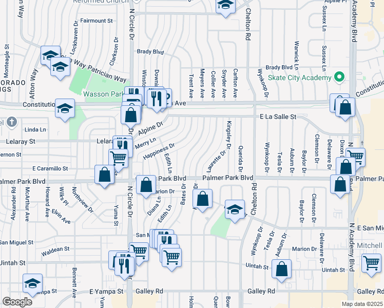 map of restaurants, bars, coffee shops, grocery stores, and more near 1609 Bates Drive in Colorado Springs