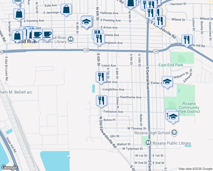 map of restaurants, bars, coffee shops, grocery stores, and more near 318 South 7th Street in Wood River