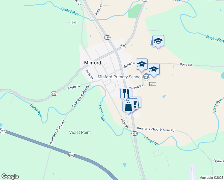 map of restaurants, bars, coffee shops, grocery stores, and more near 338 High Street in Minford