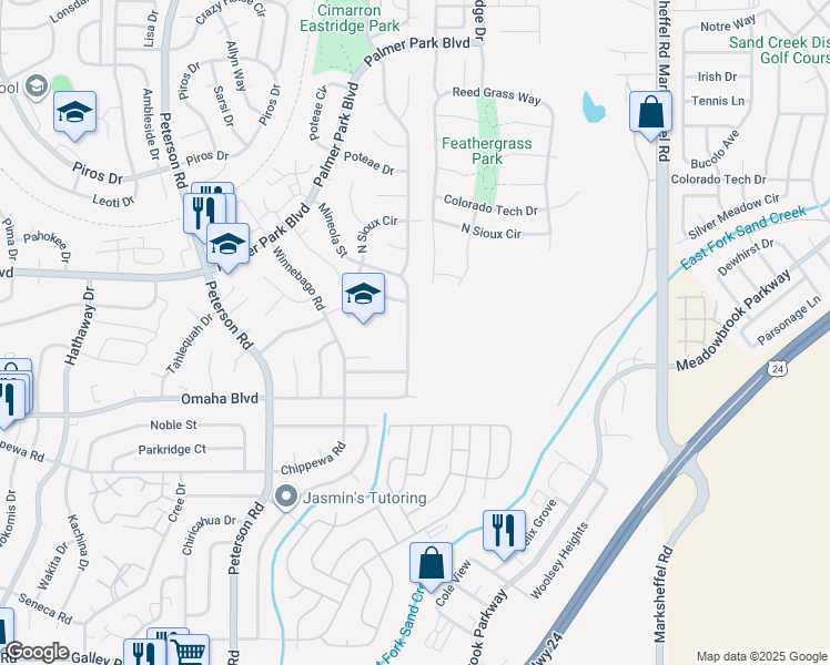 map of restaurants, bars, coffee shops, grocery stores, and more near 1655 Mineola Street in Colorado Springs