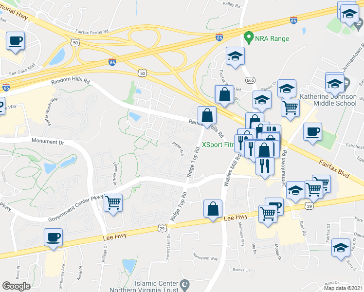 map of restaurants, bars, coffee shops, grocery stores, and more near 11430 Abner Avenue in Fairfax