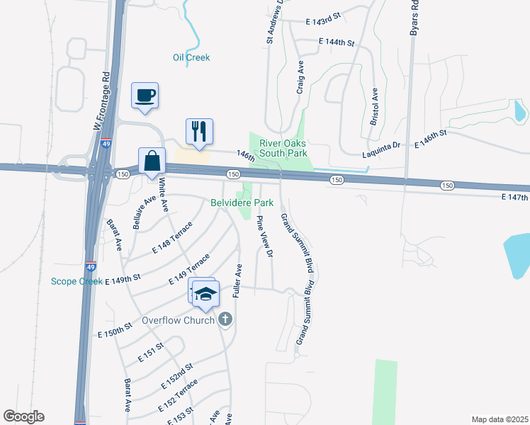 map of restaurants, bars, coffee shops, grocery stores, and more near 14801 Pine View Drive in Grandview
