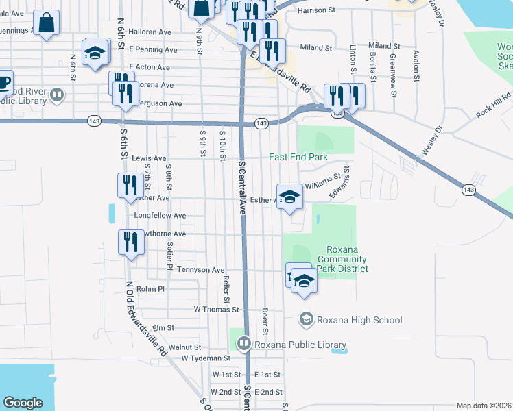 map of restaurants, bars, coffee shops, grocery stores, and more near 306 South 12th Street in Wood River