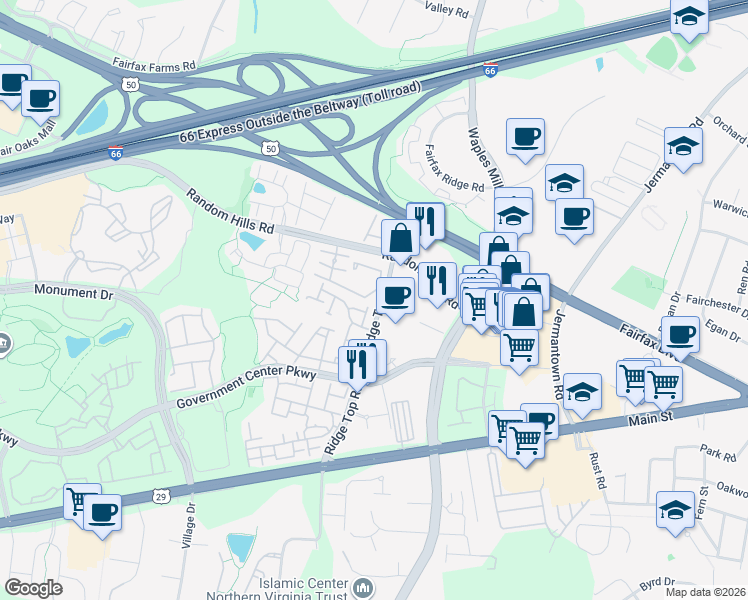 map of restaurants, bars, coffee shops, grocery stores, and more near 4132 Fountainside Lane in Fairfax
