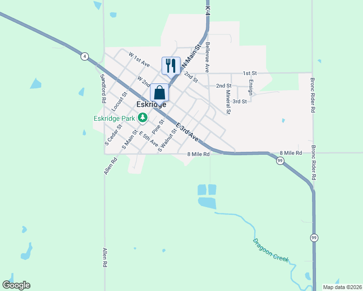 map of restaurants, bars, coffee shops, grocery stores, and more near 400 South Maple Street in Eskridge