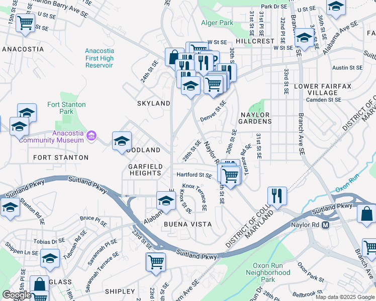 map of restaurants, bars, coffee shops, grocery stores, and more near 2833 28th Street Southeast in Washington