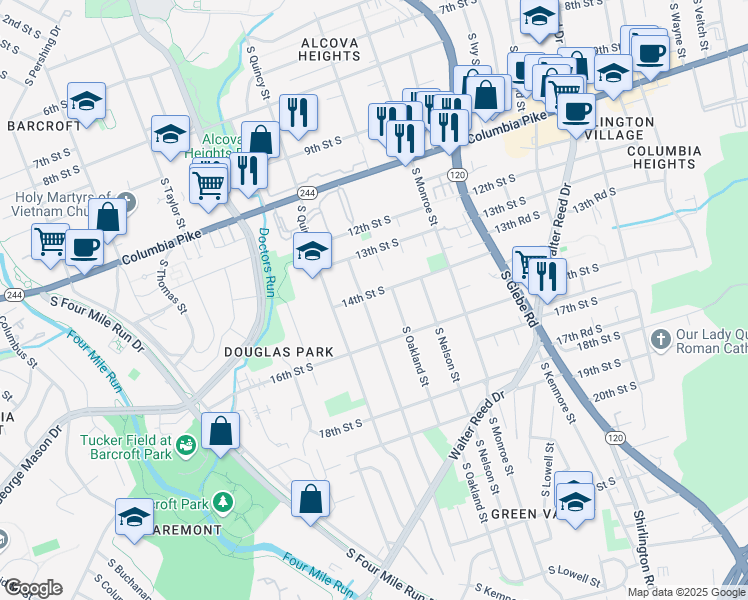 map of restaurants, bars, coffee shops, grocery stores, and more near 3814 14th Street South in Arlington