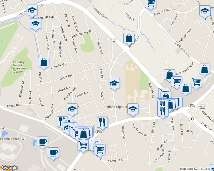 map of restaurants, bars, coffee shops, grocery stores, and more near 2508 Fort Drive in Suitland-Silver Hill