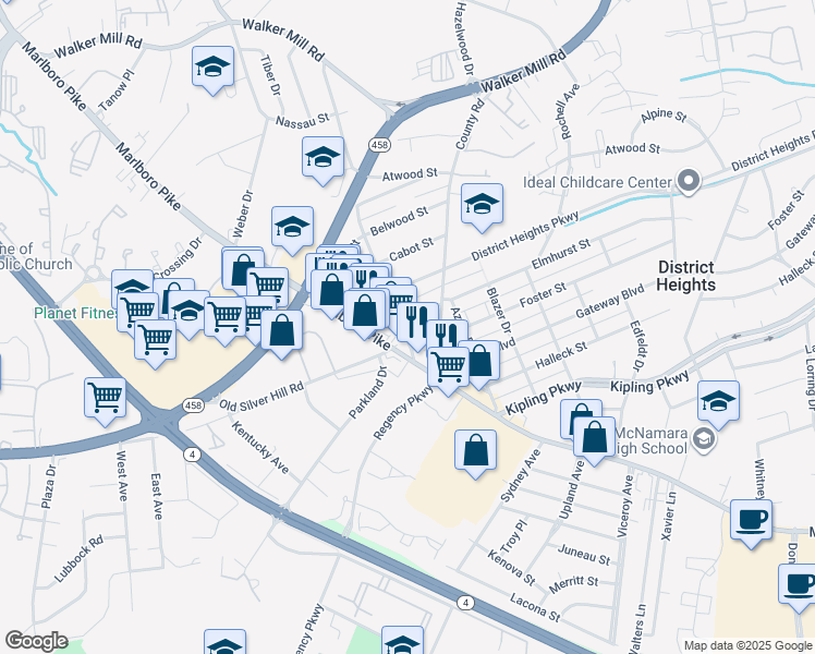 map of restaurants, bars, coffee shops, grocery stores, and more near 6201 Elmhurst Street in District Heights