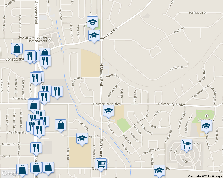 map of restaurants, bars, coffee shops, grocery stores, and more near 1534 McKay Way in Colorado Springs