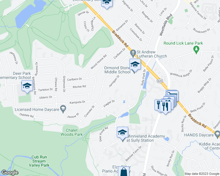 map of restaurants, bars, coffee shops, grocery stores, and more near 14733 Jarnigan Street in Centreville