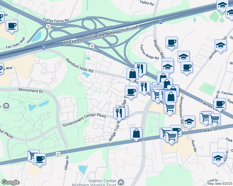 map of restaurants, bars, coffee shops, grocery stores, and more near 11430 Abner Avenue in Fairfax
