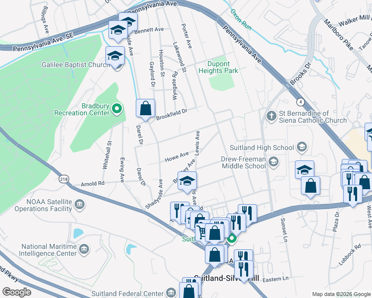 map of restaurants, bars, coffee shops, grocery stores, and more near 4634 Howe Avenue in Hillcrest Heights