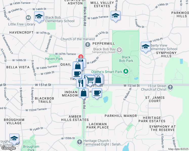 map of restaurants, bars, coffee shops, grocery stores, and more near 15000 West 150th Terrace in Olathe