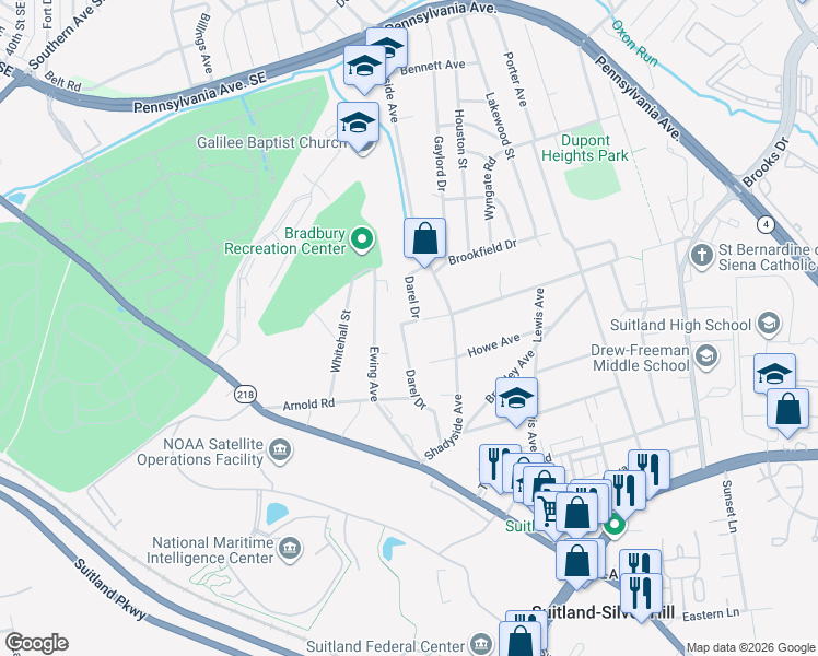map of restaurants, bars, coffee shops, grocery stores, and more near 4523 Davis Avenue in Hillcrest Heights