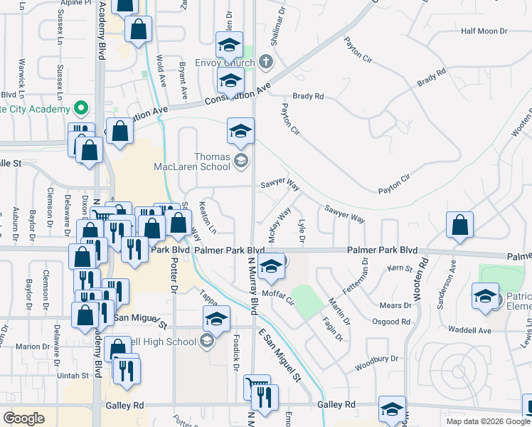 map of restaurants, bars, coffee shops, grocery stores, and more near 1534 McKay Way in Colorado Springs