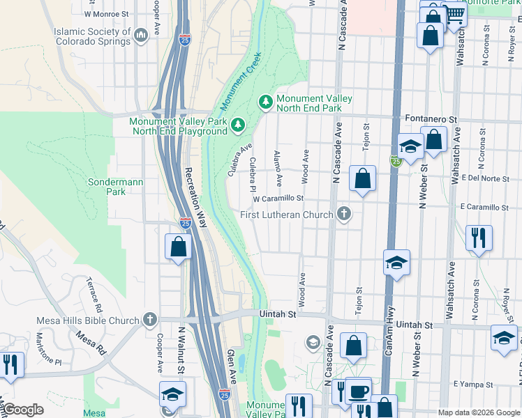 map of restaurants, bars, coffee shops, grocery stores, and more near 1517 Culebra Place in Colorado Springs