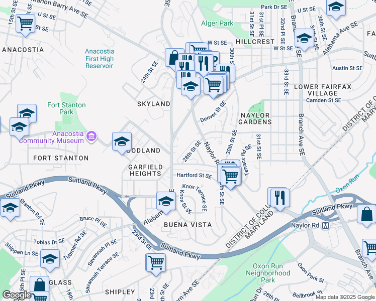 map of restaurants, bars, coffee shops, grocery stores, and more near 2833 28th Street Southeast in Washington