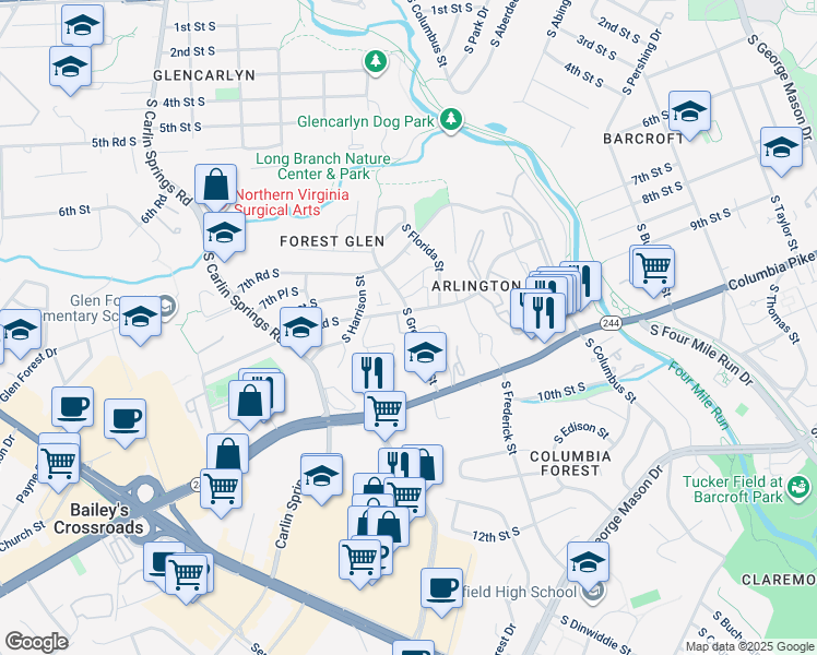 map of restaurants, bars, coffee shops, grocery stores, and more near 834 South Greenbrier Street in Arlington