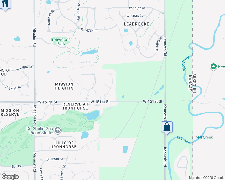 map of restaurants, bars, coffee shops, grocery stores, and more near 3103 West 150th Terrace in Overland Park
