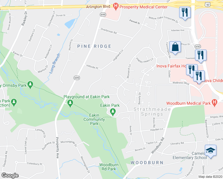 map of restaurants, bars, coffee shops, grocery stores, and more near 8465 Sevan Court in Annandale